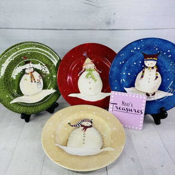 Sakura Debbie Taylor Kerman SNOWMATES Snowman Scarf Cap Salad Lunch Plates Set 4 - Picture 1 of 16